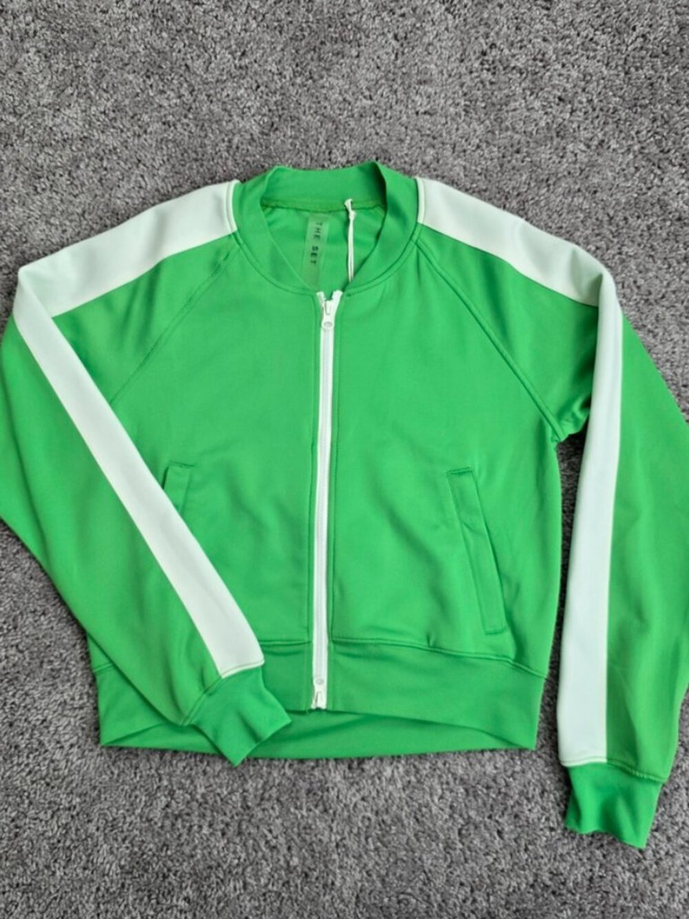 The Set Womens Track Jacket Green White Stripe Full Zip Cropped Activewear Small